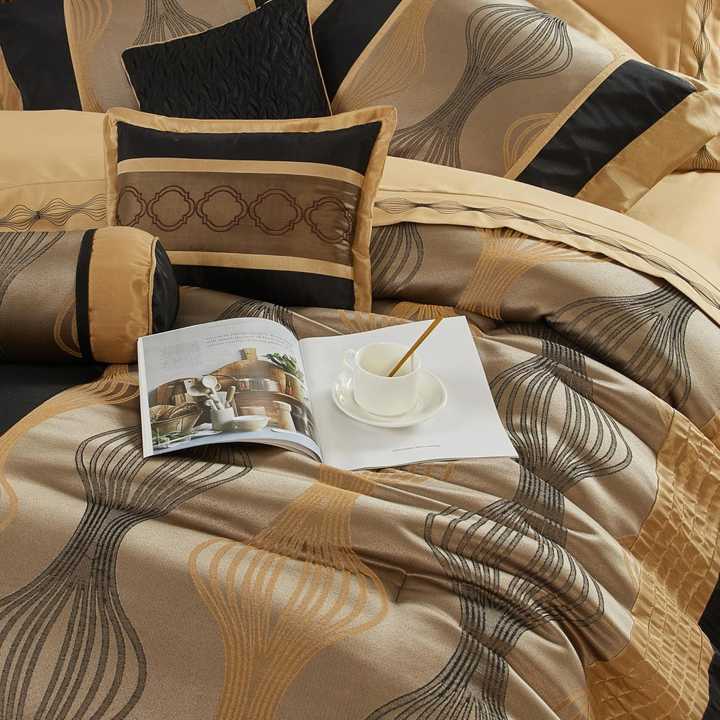 Grand Avenue Elegant Black and Gold Comforter Set,Striped, 7 Pieces Jacquard Bedding Sets with Comforter for All Season, Bed Skirt, Pillows & Shams, Queen Size, Lightweight Microfiber