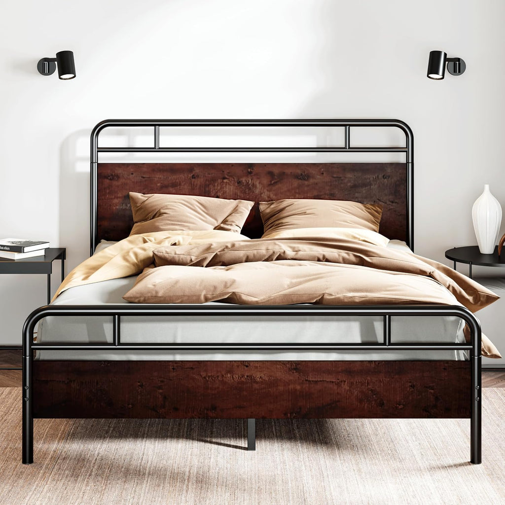 SHA CERLIN Full Size Bed Frame with Wooden Headboard and Footboard, Rounded Corner Metal Structure, Heavy Duty Slats with Under-Bed Storage, No Box Spring Needed, Mahogany