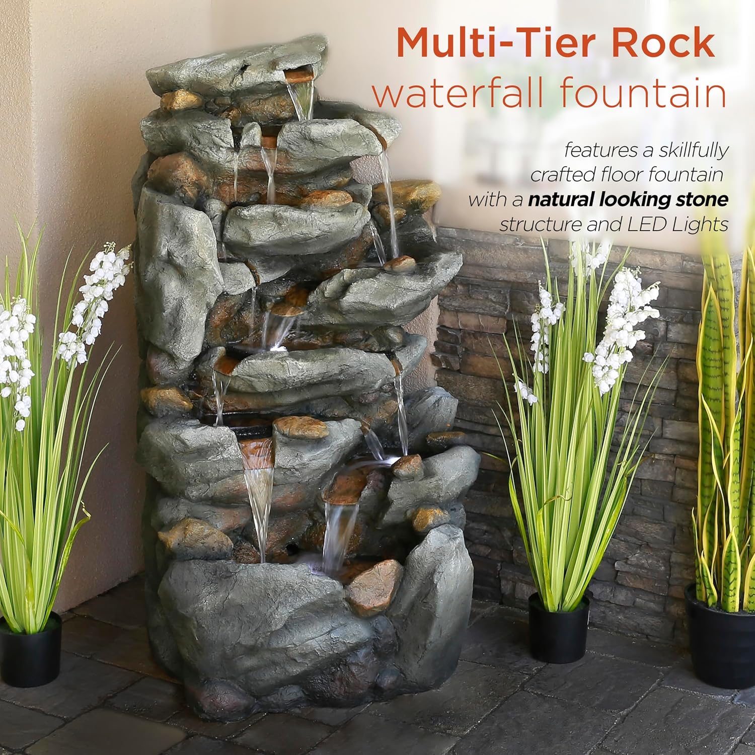 Alpine Corporation TZL130 Outdoor Floor 8-Tiered Rock Waterfall Fountain with LED Lights and Natural Stone Look, 50', Gray