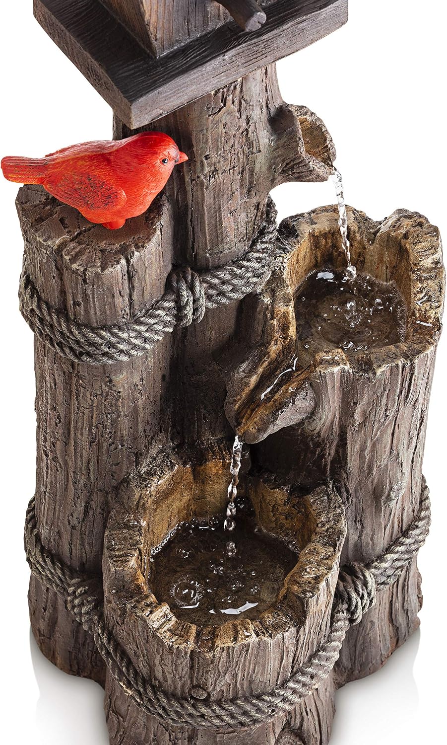 Alpine Corporation 35' Tall Outdoor 3-Tier Birdhouse Water Fountain with Cardinal Accent, Rustic Floor Decor for Garden and Patio, Brown