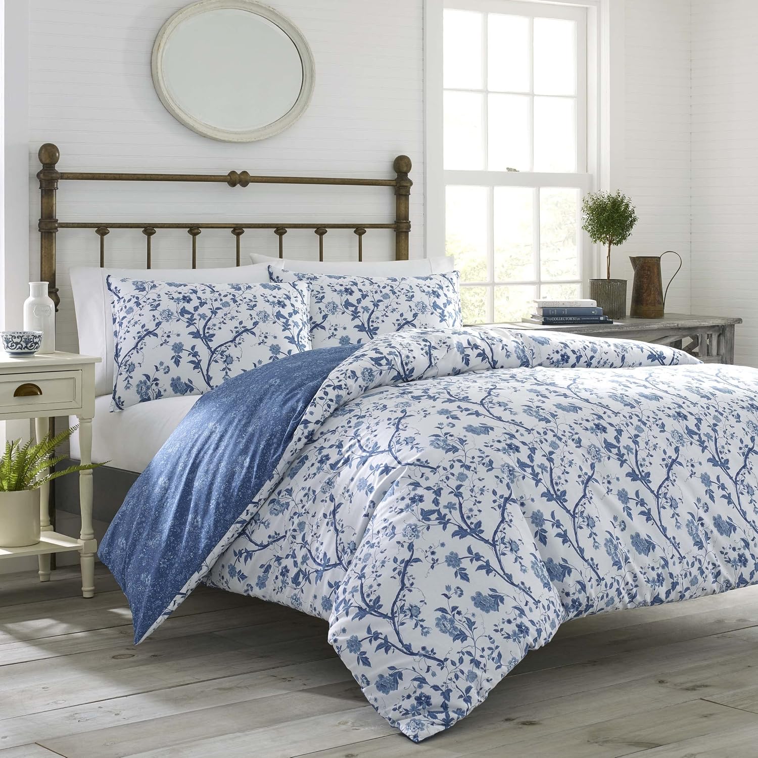 Laura Ashley Home - Twin Comforter Set, Reversible Cotton Bedding, Includes Matching Sham with Bonus Euro Sham & Throw Pillows (Elise Blue, Twin)