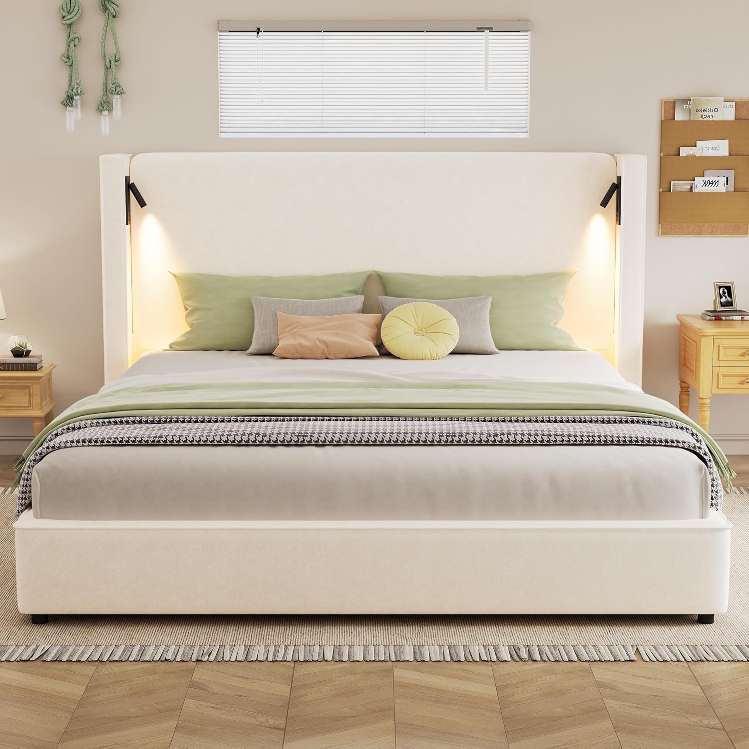 JIVOIT King Size Platform Bed, Upholstered Bed Frame with High Wingback Headboard, Retro Leg Design, Wood Slats Support, No Box Spring Needed