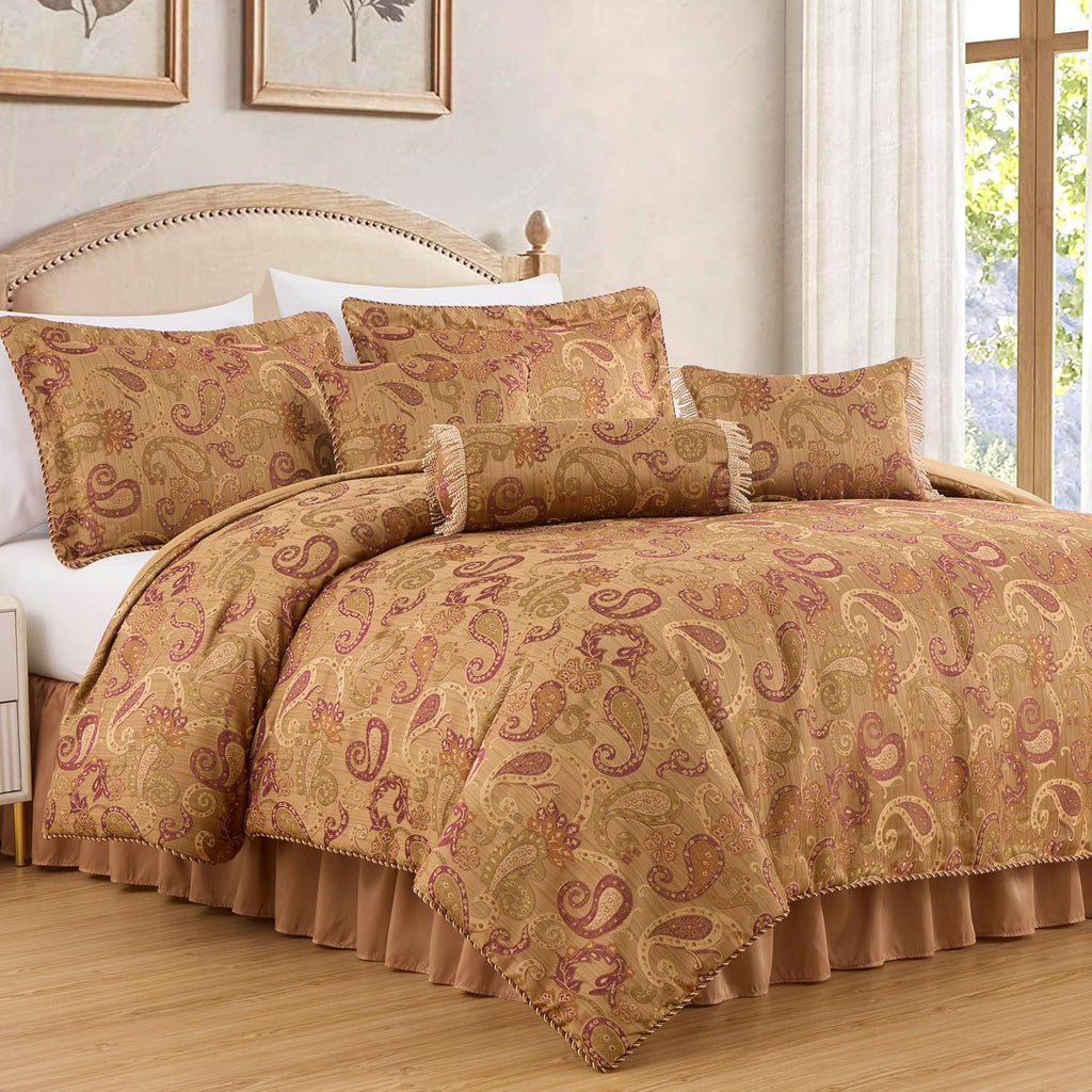 Chezmoi Collection Adelle 7-Piece Paisley Jacquard Embroidered Comforter Bedding Set, Oversized King Size