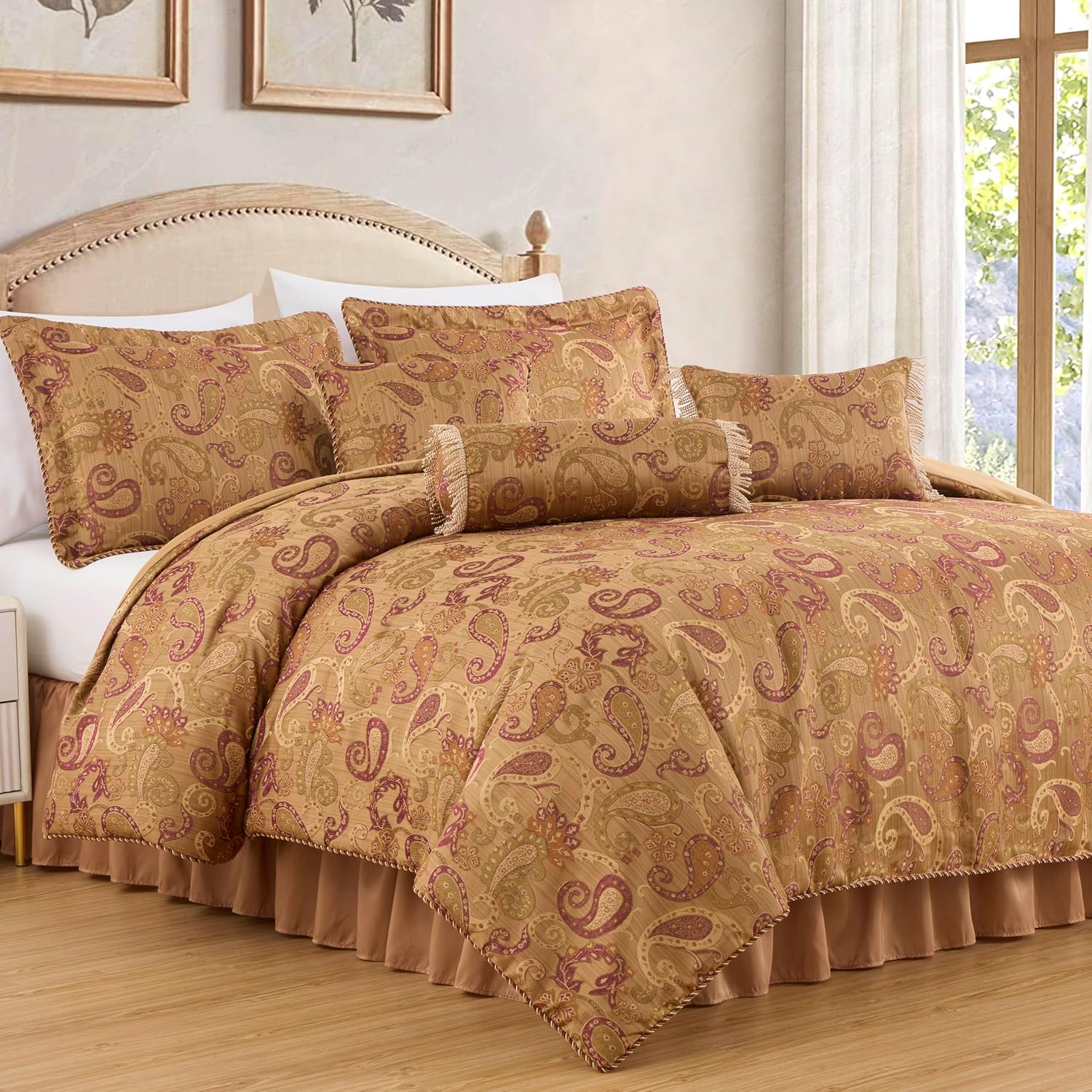 Chezmoi Collection Adelle 7-Piece Paisley Jacquard Embroidered Comforter Bedding Set, Oversized King Size