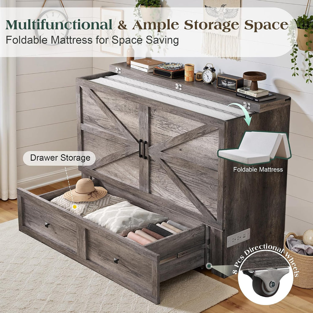 LUXOAK Queen Murphy Bed with 6' White Tri-Fold Memory Foam Mattress, Storage Drawer & Charging Station, Space-Saving Design for Home Office or Guest Room, Rustic Grey