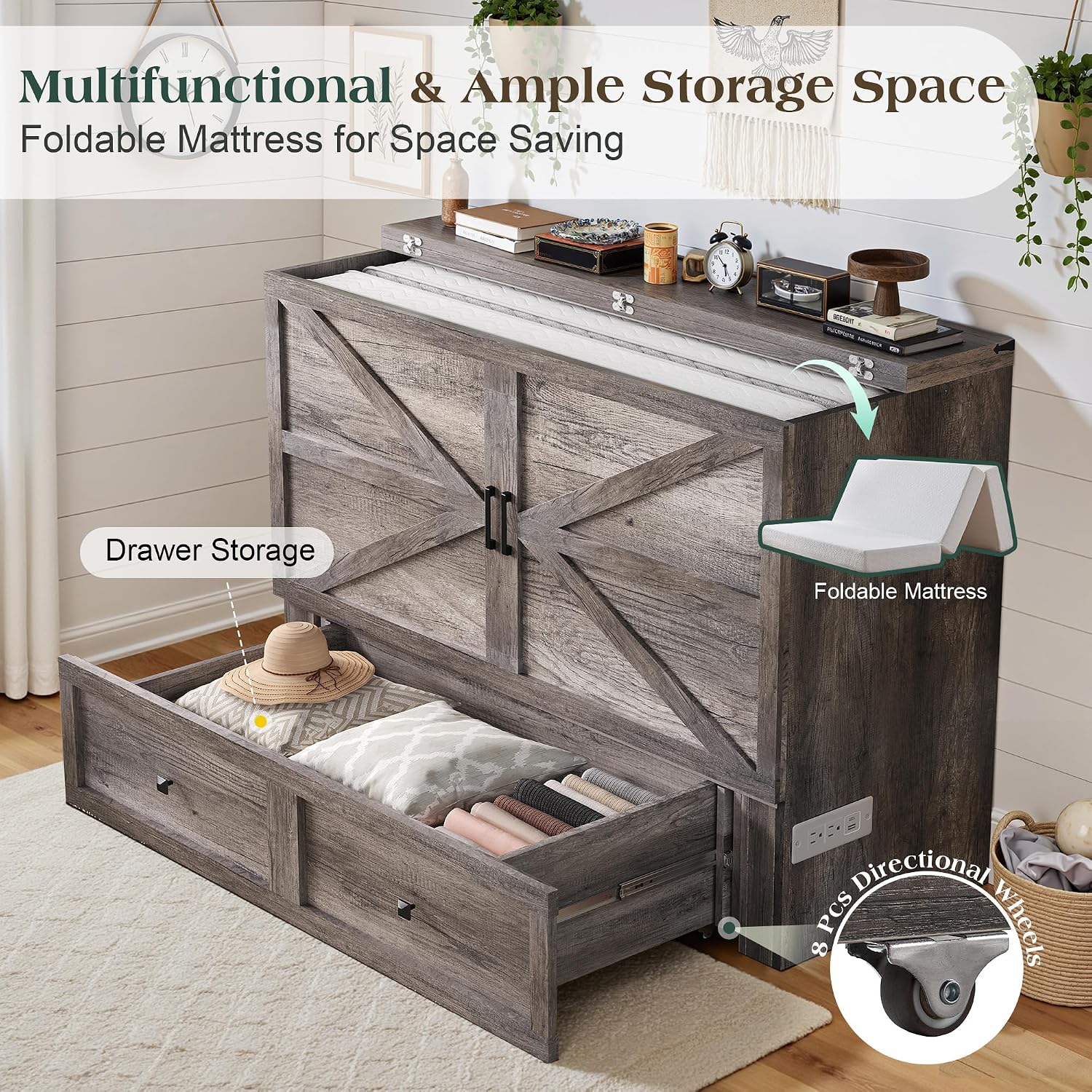 LUXOAK Queen Murphy Bed with 6' White Tri-Fold Memory Foam Mattress, Storage Drawer & Charging Station, Space-Saving Design for Home Office or Guest Room, Rustic Grey