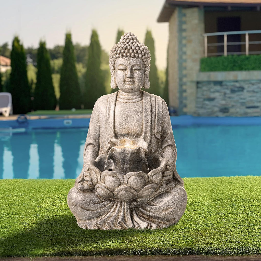 Glitzhome Buddha Fountain Outdoor with Pump & LED Light 23.25' H, 2-Tier Zen Style Concrete Meditating Buddha Statues Water Fountains Floor Fountains Buddhas Sculpture for Garden Patio Backyard