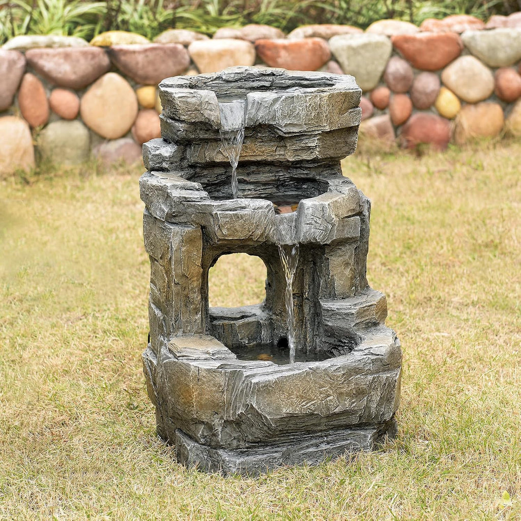 Kalona Outdoor Waterfall Fountain with LED Lights - 3-Tier Resin Rock Water Feature for Garden Patio Backyard, 21.5' Tall Fountain Decor 24392