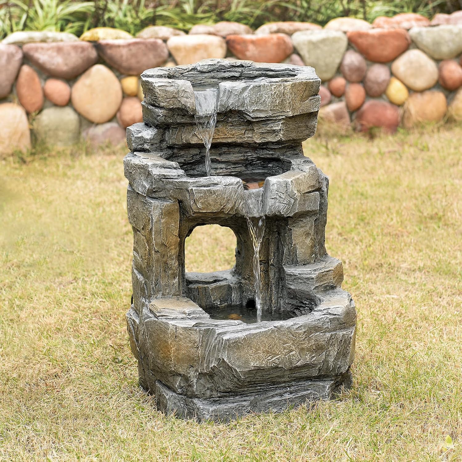 Kalona Outdoor Waterfall Fountain with LED Lights - 3-Tier Resin Rock Water Feature for Garden Patio Backyard, 21.5' Tall Fountain Decor 24392