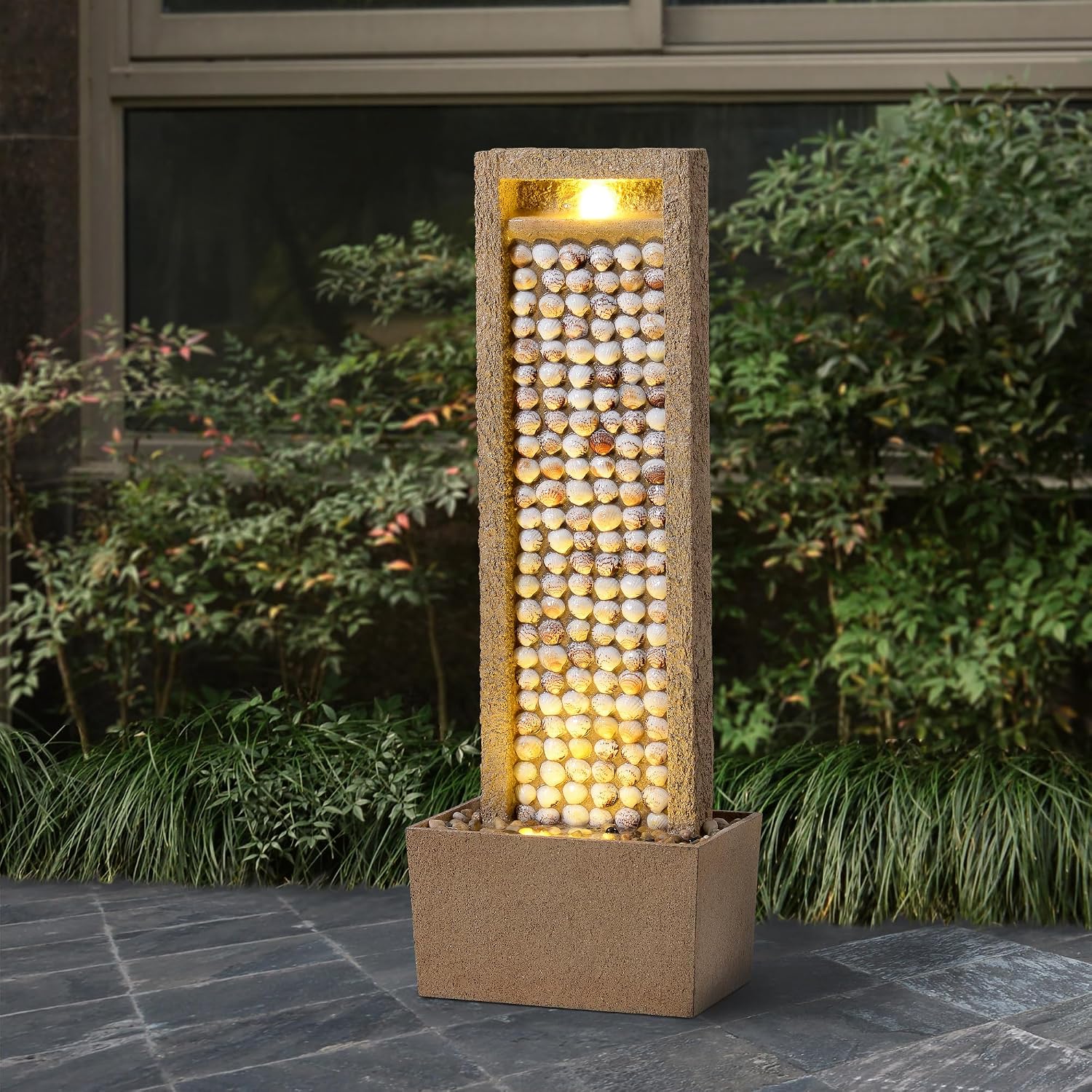 Teamson Home Coastal Seashells Design Outdoor Water Fountain–Warm Glow Lighting with Steady Flow & Electric Pump, Brown