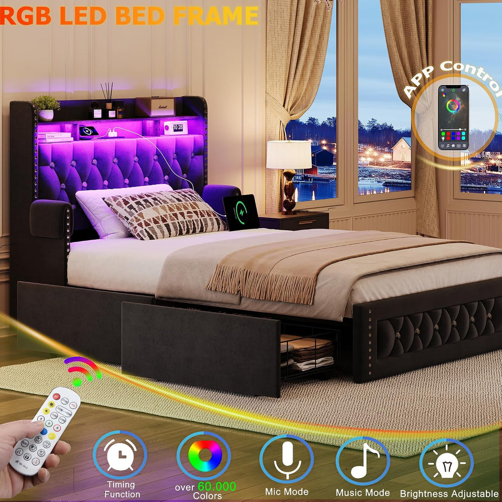 Ailisite Twin Size Bed Frame with 4 Storage Drawers and RGB Led Lights,Velvet Upholstered Platform Bed with Charging Station and Bookcase Storage Headboard, with Crystal and Rivet Deco, Black