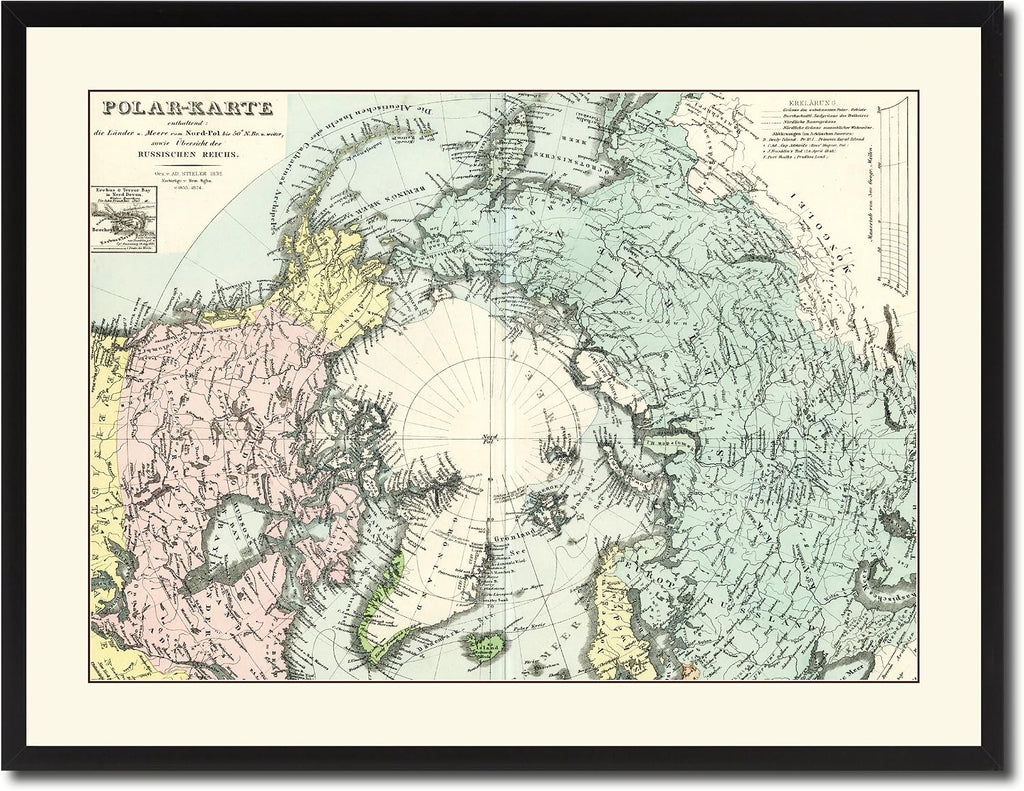 North Pole Stieler Vintage Antique Map 36043 Canvas Print Picture Frame Home Decor Wall Art Livingroom Housewarming Gift Ideas 28'x37'