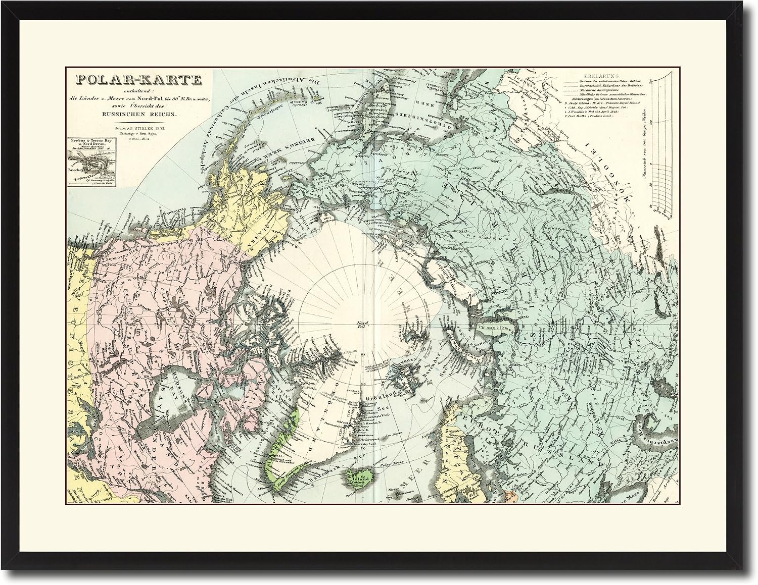 North Pole Stieler Vintage Antique Map 36043 Canvas Print Picture Frame Home Decor Wall Art Livingroom Housewarming Gift Ideas 28'x37'