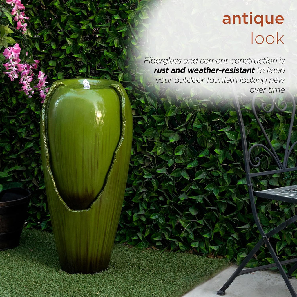 Alpine Corporation 33' Tall Outdoor Vintage Cascading Antique Jar Water Fountain with LED Lights for Gardens, Patios, and Yards, Green
