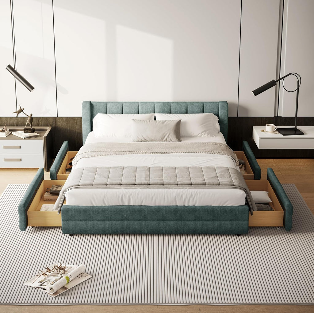 DEINPPA Queen Size Bed Frame with 4 Storage Drawers and Cloud Soft Headboard, Chenille Upholstered Grounded Wood Base Bed Frame, No Box Spring Needed-Blue+Green