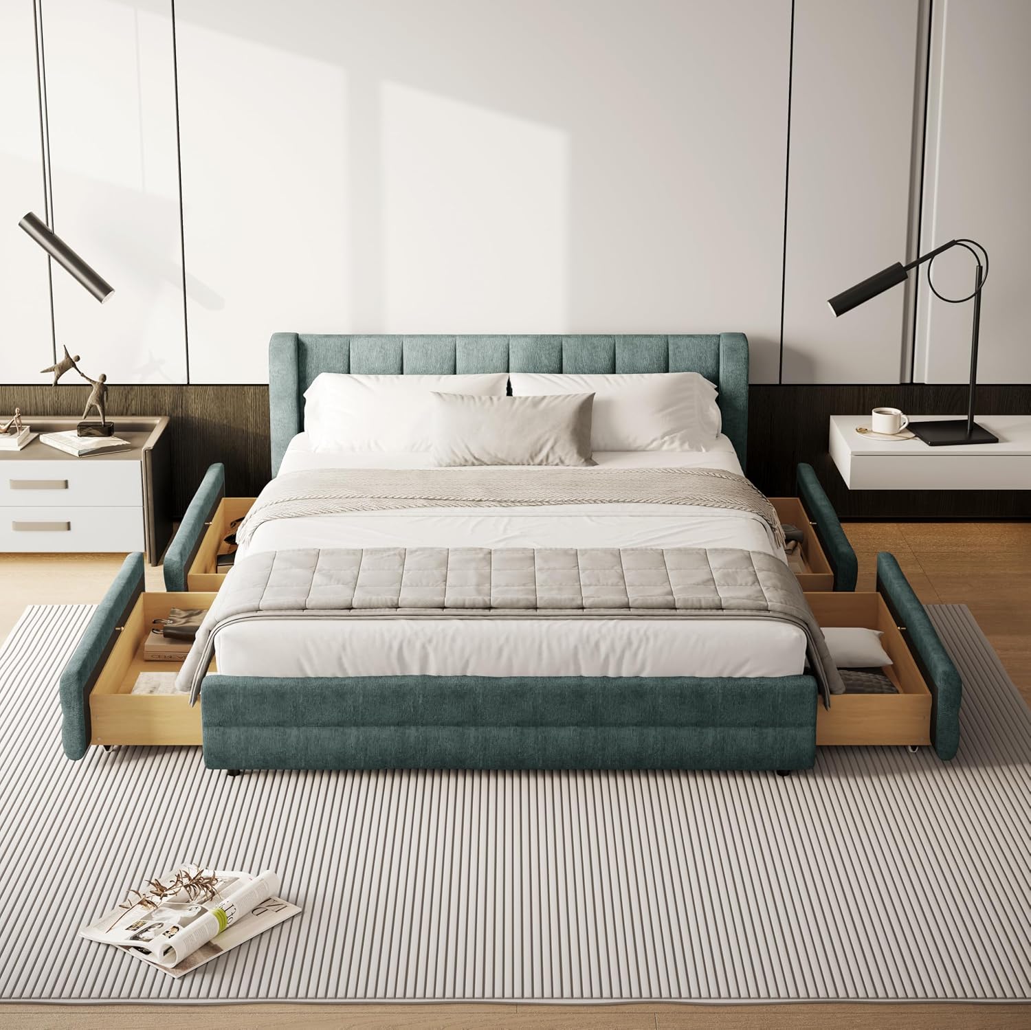 DEINPPA Queen Size Bed Frame with 4 Storage Drawers and Cloud Soft Headboard, Chenille Upholstered Grounded Wood Base Bed Frame, No Box Spring Needed-Blue+Green