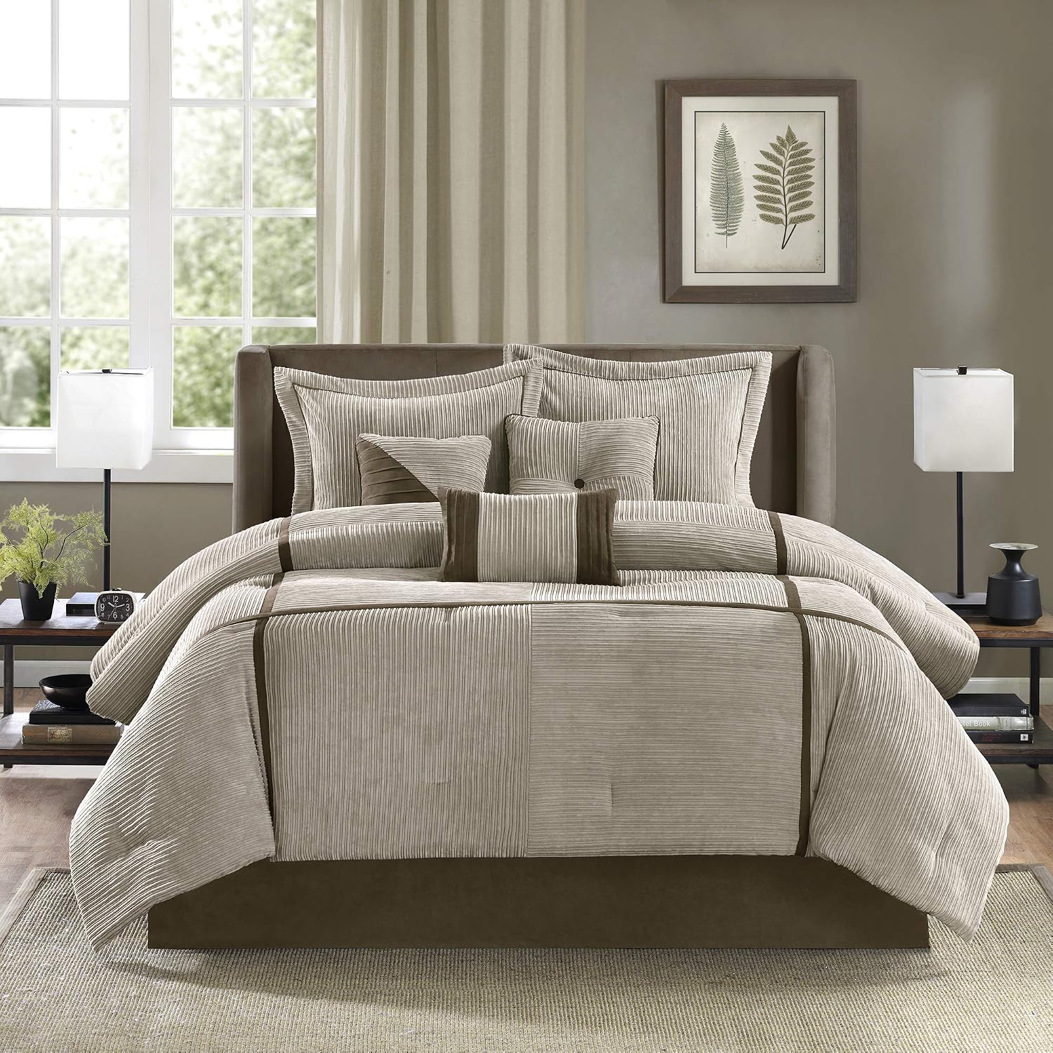Madison Park Cozy Comforter Set Casual Blocks Design All Season, Matching Bed Skirt, Decorative Pillows, King(104'x92'), Dallas Corduroy, Taupe Brown, 7 Piece