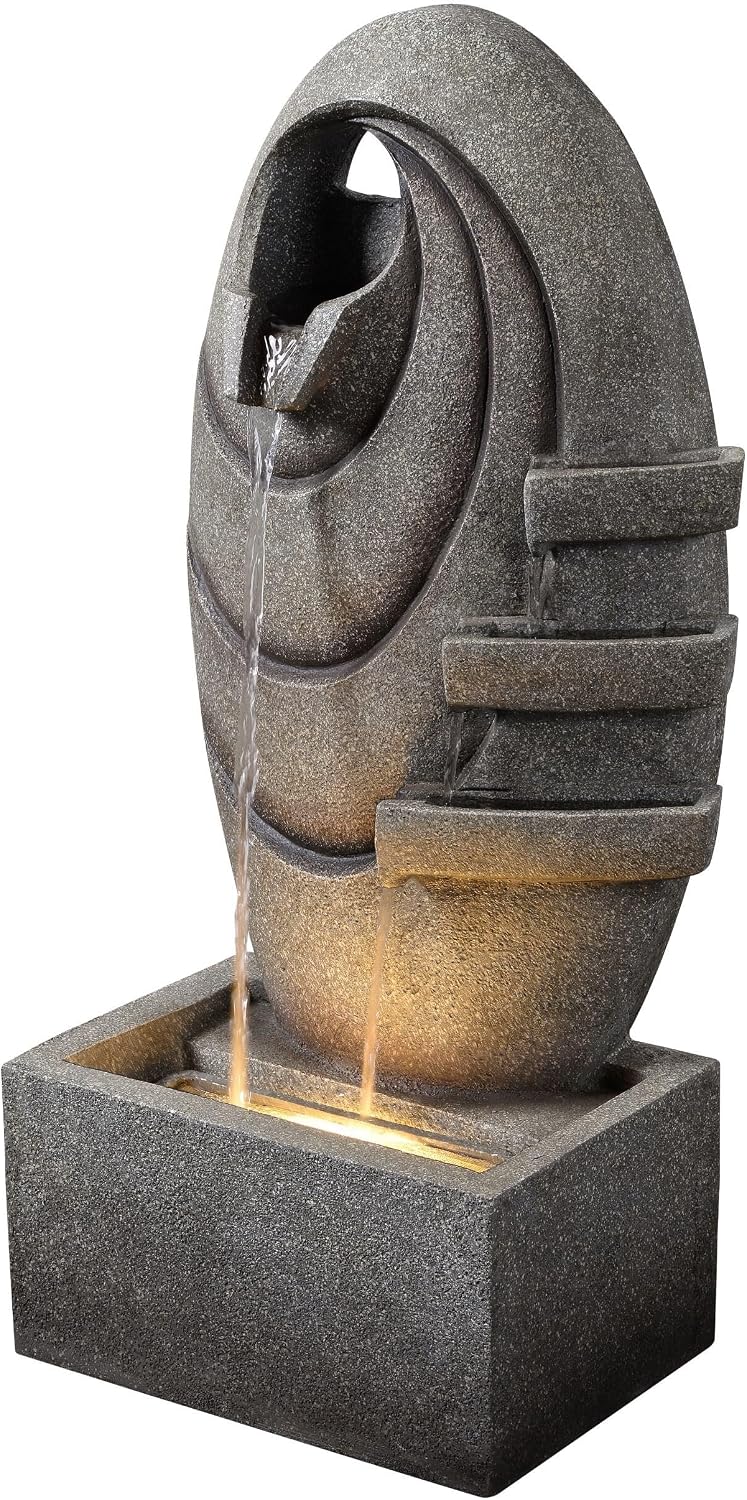 Teamson Home Modern Oval Outdoor Water Fountain–LED Light with Adjustable Flow & Electric Pump, Gray