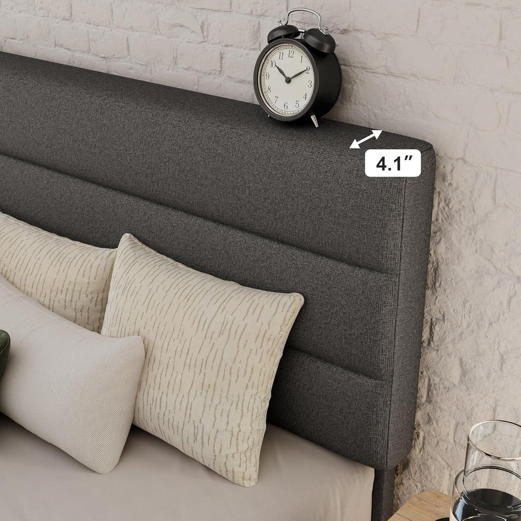 GOLDORO Full Size Bed Frame with Headboard, Upholstered Platform Bed, Wooden Slats Support, No Box Spring Needed, Easy Assembly, Dark Grey