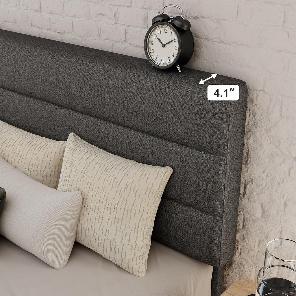 GOLDORO Queen Size Platform Bed Frame with Upholstered Headboard, Wooden Slats Support, No Box Spring Needed, Easy Assembly, Dark Grey
