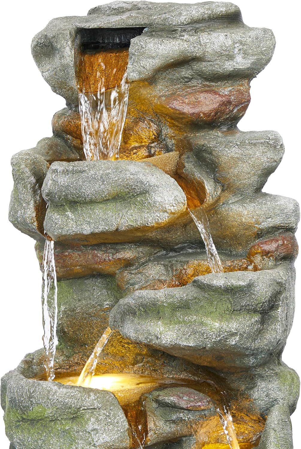 Alpine Corporation 39' Tall Outdoor Mult-itiered Elegant Rock Look Waterfalls Floor Fountain with LED Lights, Gray