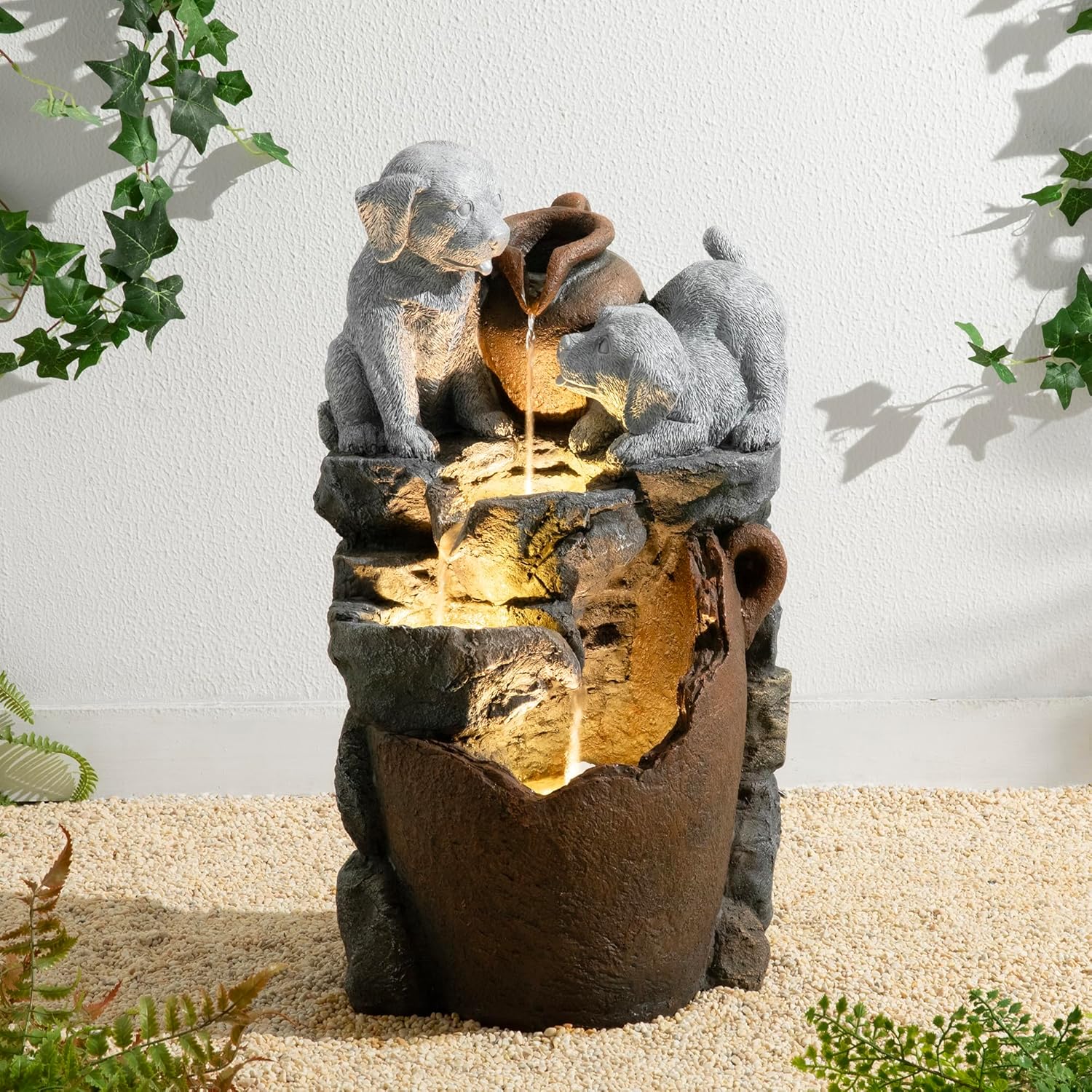 Glitzhome Water Fountain Outdoor, Outdoor Fountain with Lights & Pump, 23.5' H 4-Tiered Dogs and Pot Polyresin Cascading Waterfall Floor Standing Water Feature for Garden, Patio, Yard, Deck