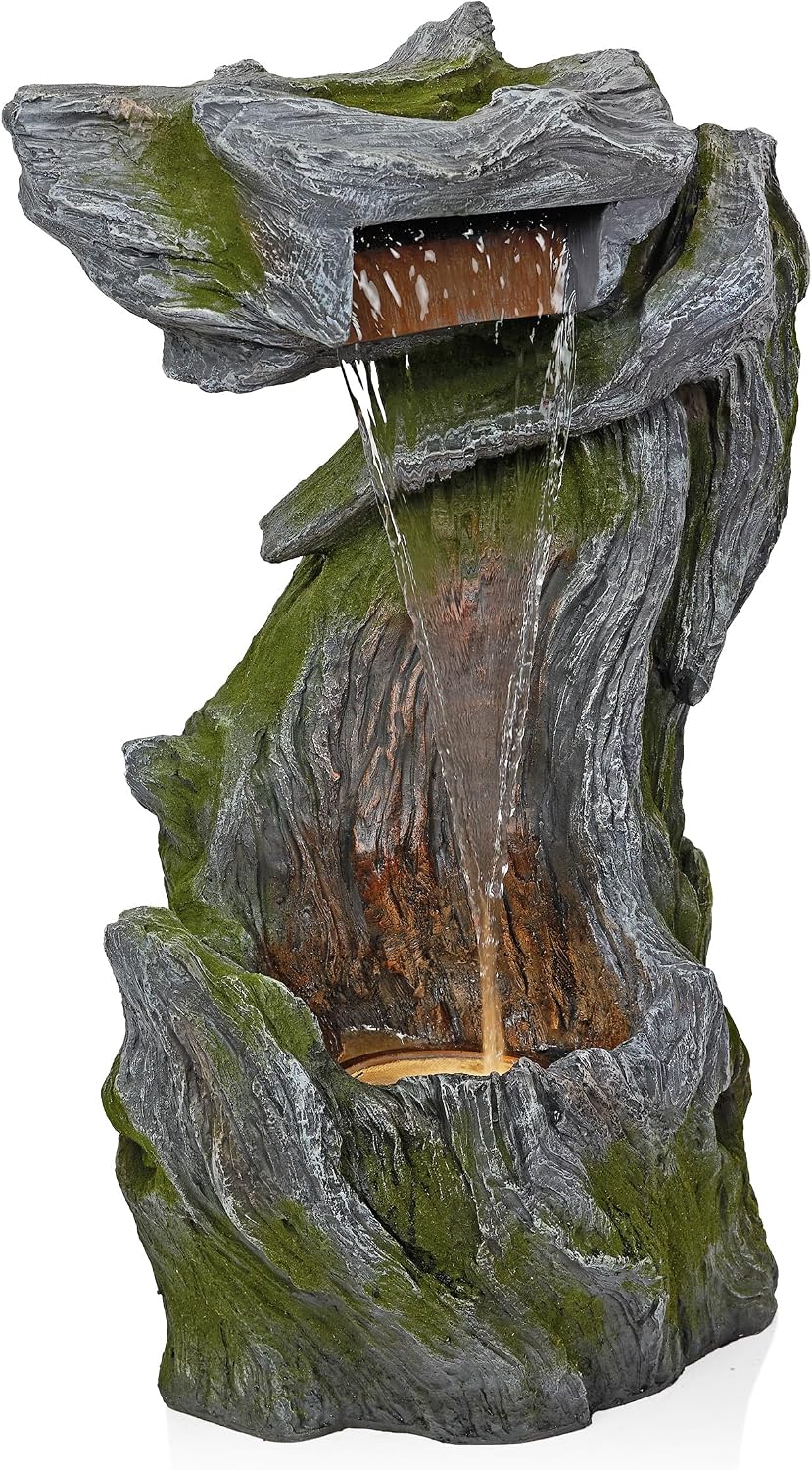 Alpine Corporation WIN1628 32' Outdoor Tree Bark Water Fountain with Color-Changing LED Lights, Cascading Waterfall Garden Fountain for Backyard, Patio & Outdoor Décor, Gray