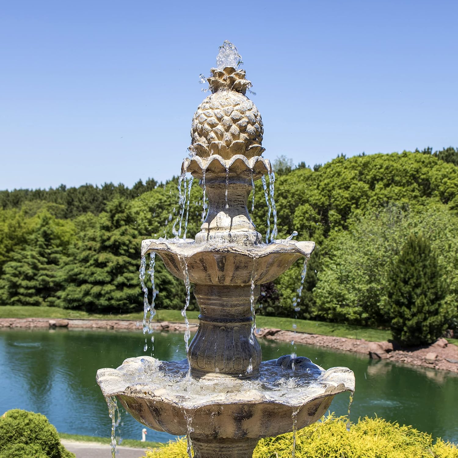 Sunnydaze Grand Courtyard 4-Tier Large Outdoor Water Fountain - 80' Tall Outdoor Fountain - Tiered Electric Garden Water Feature for Patio, Backyard, or Yard - Faux Stone Resin - Earth