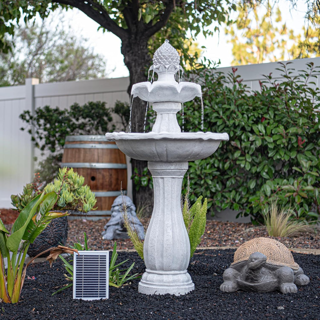XBrand 44' Tall White Fiberglass/Resin 2-Tiered Solar Water Fountain w/Solar Panel and Auto-Shut Off Pump for Home Garden Yard Decor