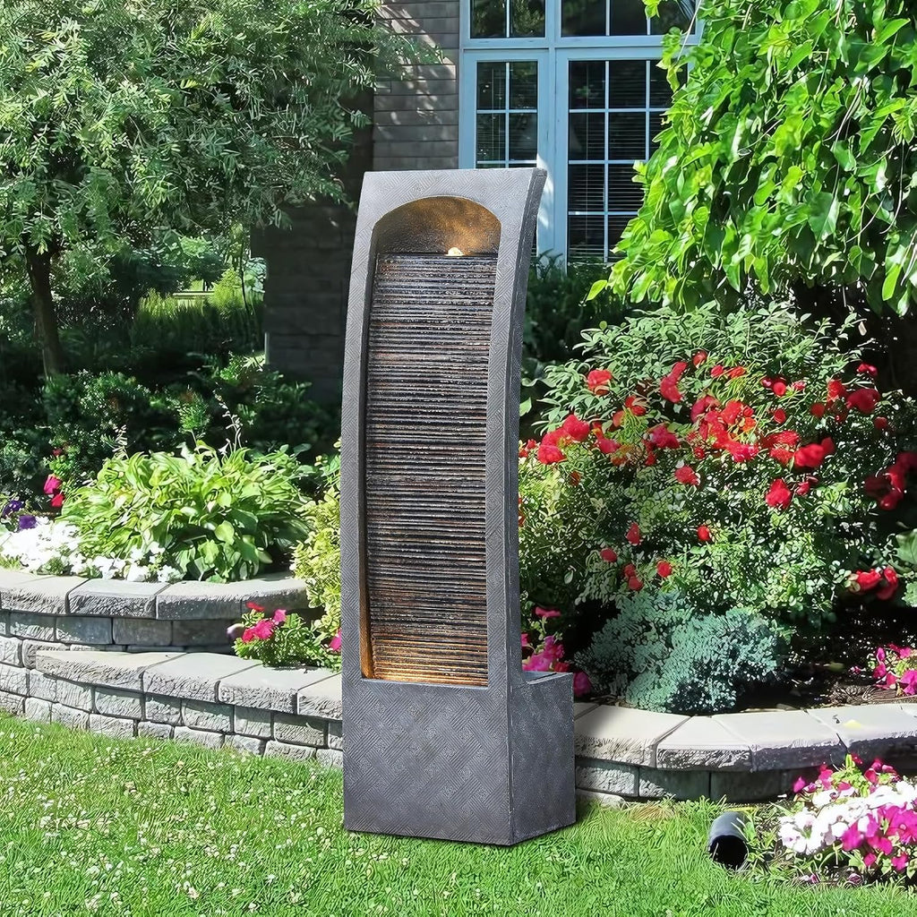 Bumilgar Indoor Water Fountain Curved Faux Slate Outdoor Waterfall Fountains Floor Standing Tiered Rock with LED Lights and Pump for Garden, Backyard, Deck, Patio, Porch and Home Art Decor