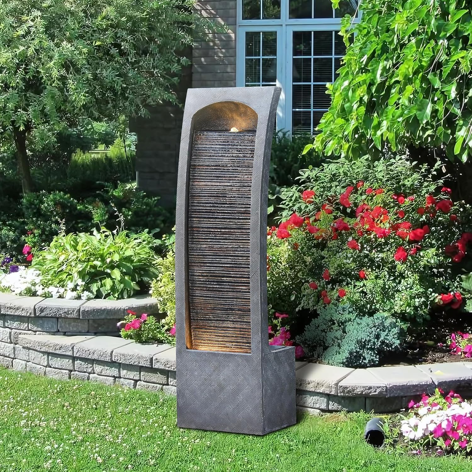 Bumilgar Indoor Water Fountain Curved Faux Slate Outdoor Waterfall Fountains Floor Standing Tiered Rock with LED Lights and Pump for Garden, Backyard, Deck, Patio, Porch and Home Art Decor