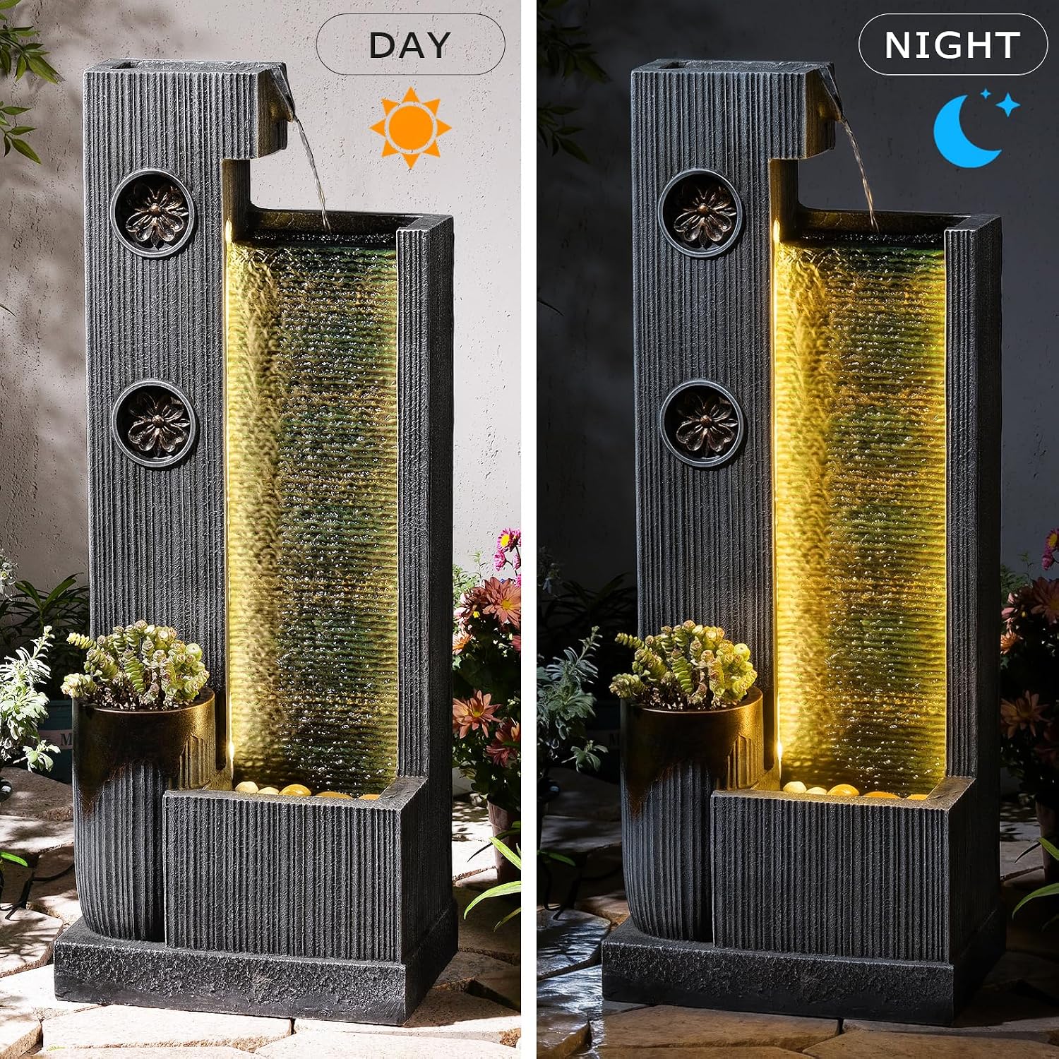 37'' Tall Waterfall Fountain Indoor Modern Outdoor Water Fountains with LED Light,Vertical Striped Texture Floor Standing Water Feature for Patio, Yard, Garden or Home Decor