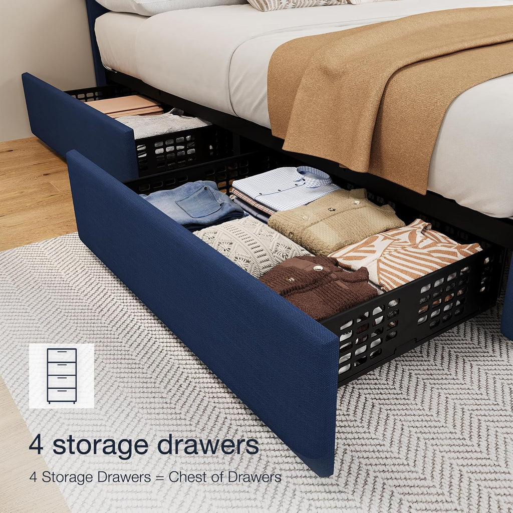IDEALHOUSE Full Size Bed Frame with 4 Storage Drawers and Adjustable Headboard, Linen Upholstered Platform Beds, Diamond Stitched Button Tufted, No Box Spring Needed, Blue