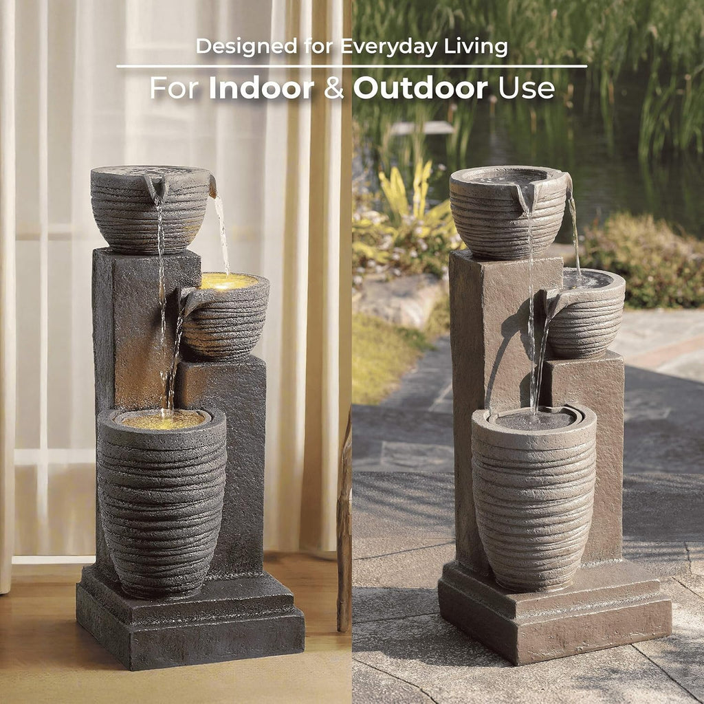 Teamson Home Horizontal Ribbed Pattern Outdoor Water Fountain–Warm Glow Lighting with Adjustable Flow & Electric Pump, Warm Gray