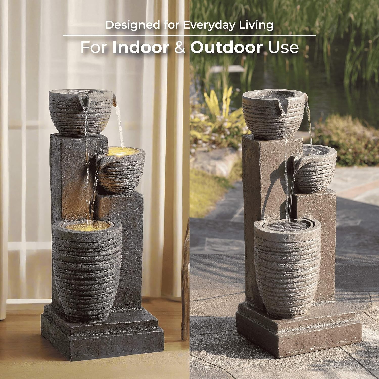 Teamson Home Horizontal Ribbed Pattern Outdoor Water Fountain–Warm Glow Lighting with Adjustable Flow & Electric Pump, Warm Gray