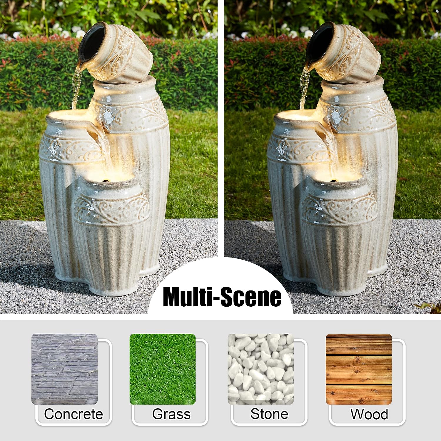 Glitzhome 27.25' H Outdoor Garden Water Fountain with LED Lights and Pump, 4 Tier Sand Beige Embossed Pattern Ceramic Pots Cascading Floor Standing Fountain for Porch Deck Patio Backyard Decoration