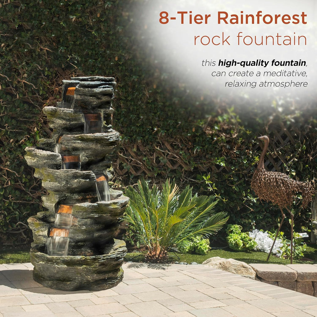 Alpine Corporation WIN1146 Outdoor Floor Cascading 8 Tiered Rock Garden Water Fountain with LED Lights, 58', Gray