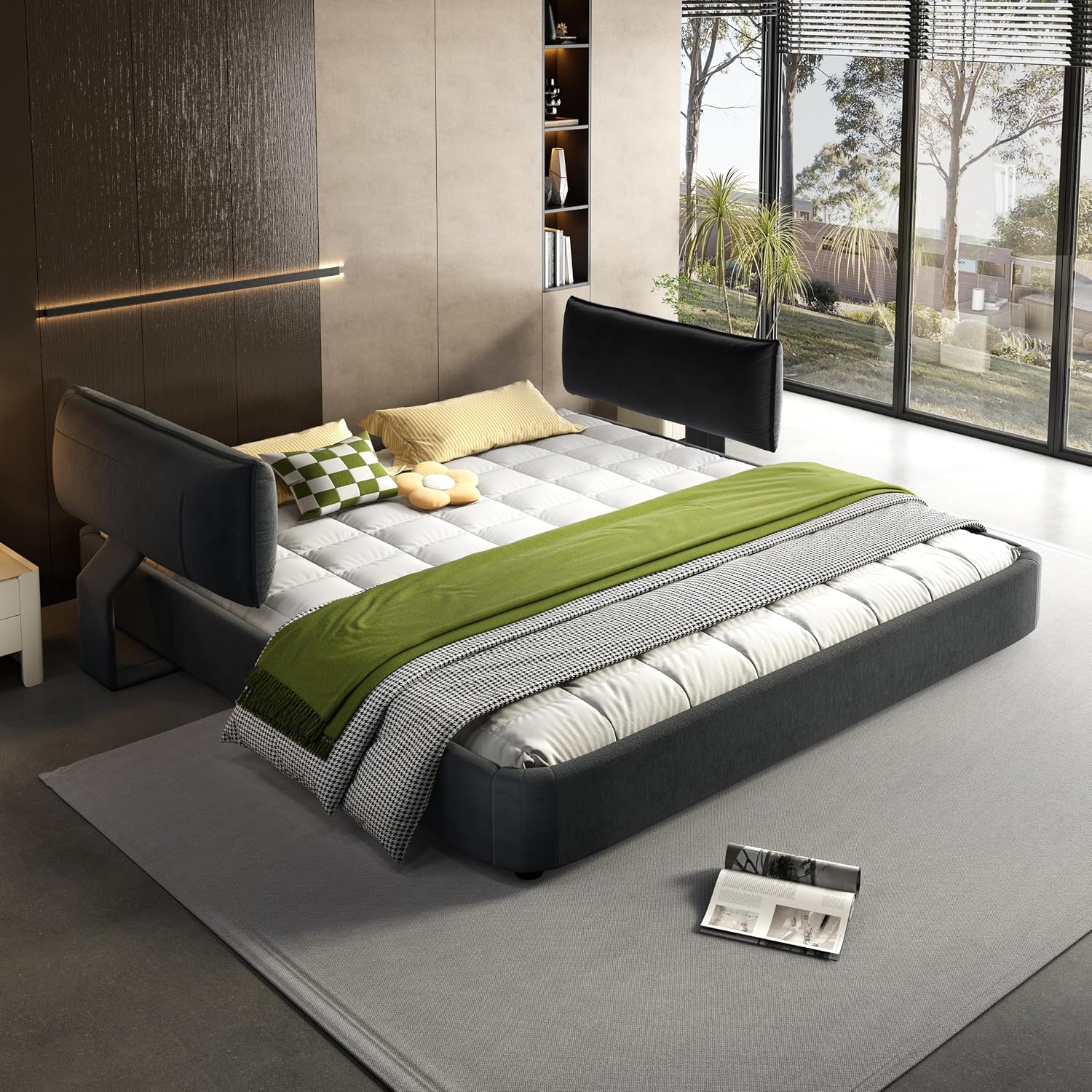 King Size Upholstered Platform Bed, Chenille Cloud Bed Frame with Oversized Padded Movable Headboard, Round Corner, Metal + Solid Wooden Slat Double Support, No Box Spring Needed (Dark Grey-65)