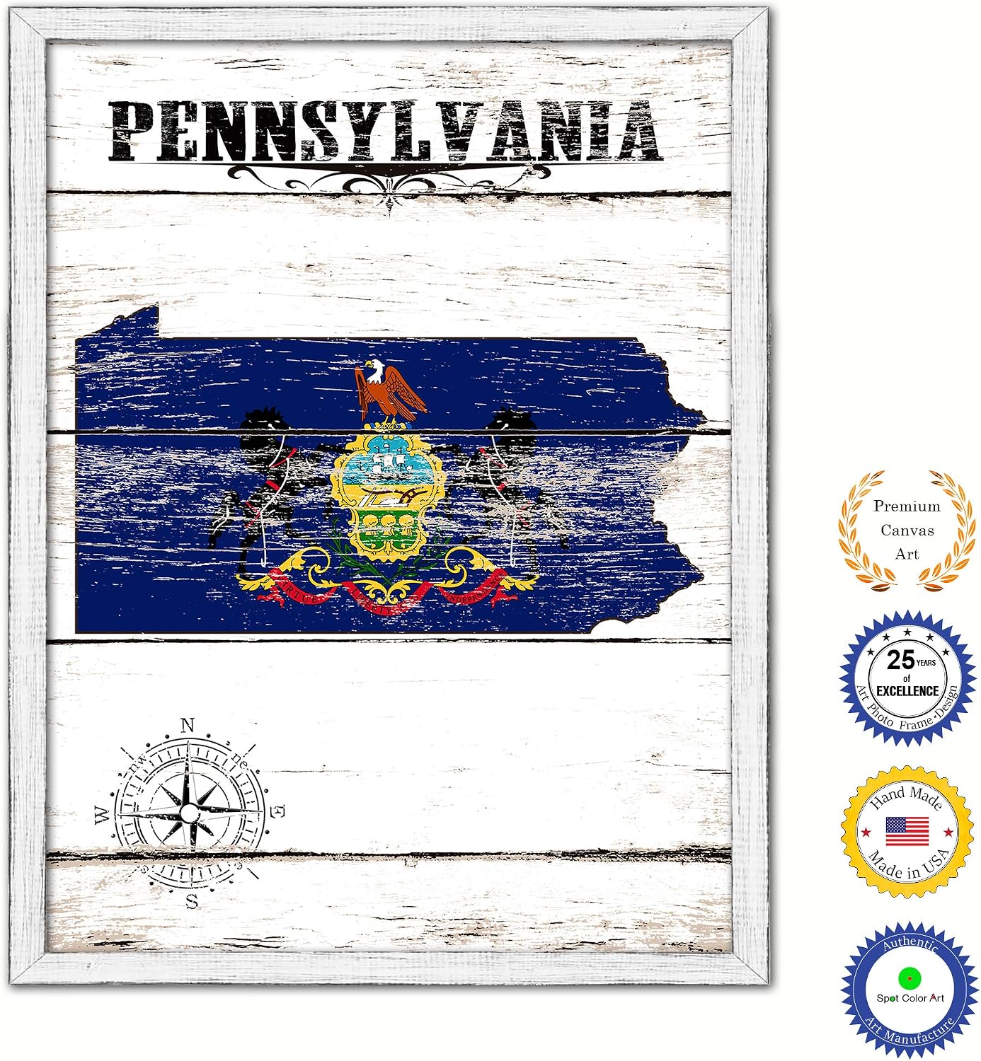 Pennsylvania State Map Flag Cottage Shabby Chic Gifts Home Decor Wall Art Canvas Print, White Wash Wood Frame, 28' x 37'