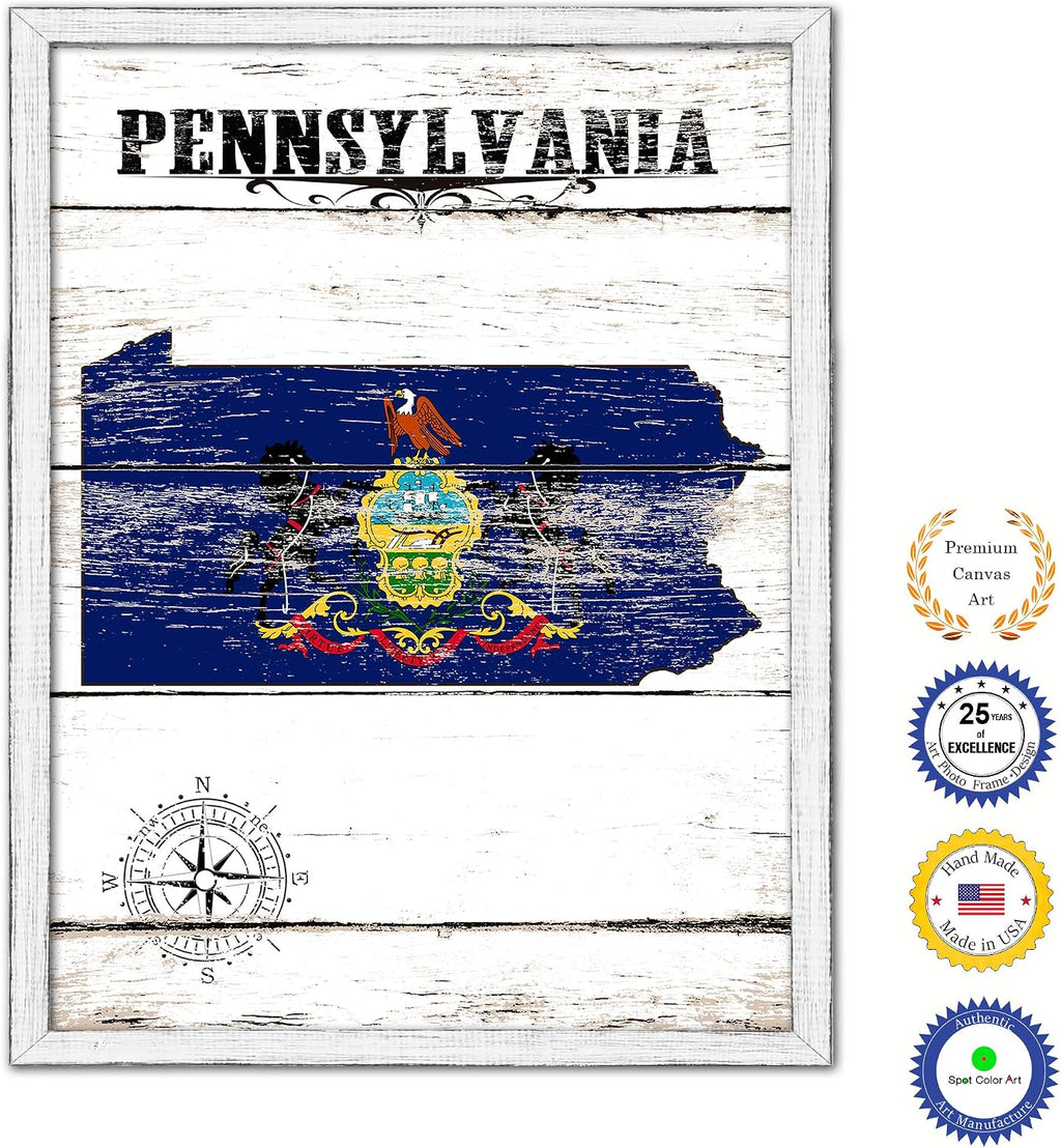 Pennsylvania State Map Flag Cottage Shabby Chic Gifts Home Decor Wall Art Canvas Print, White Wash Wood Frame, 22' x 29'