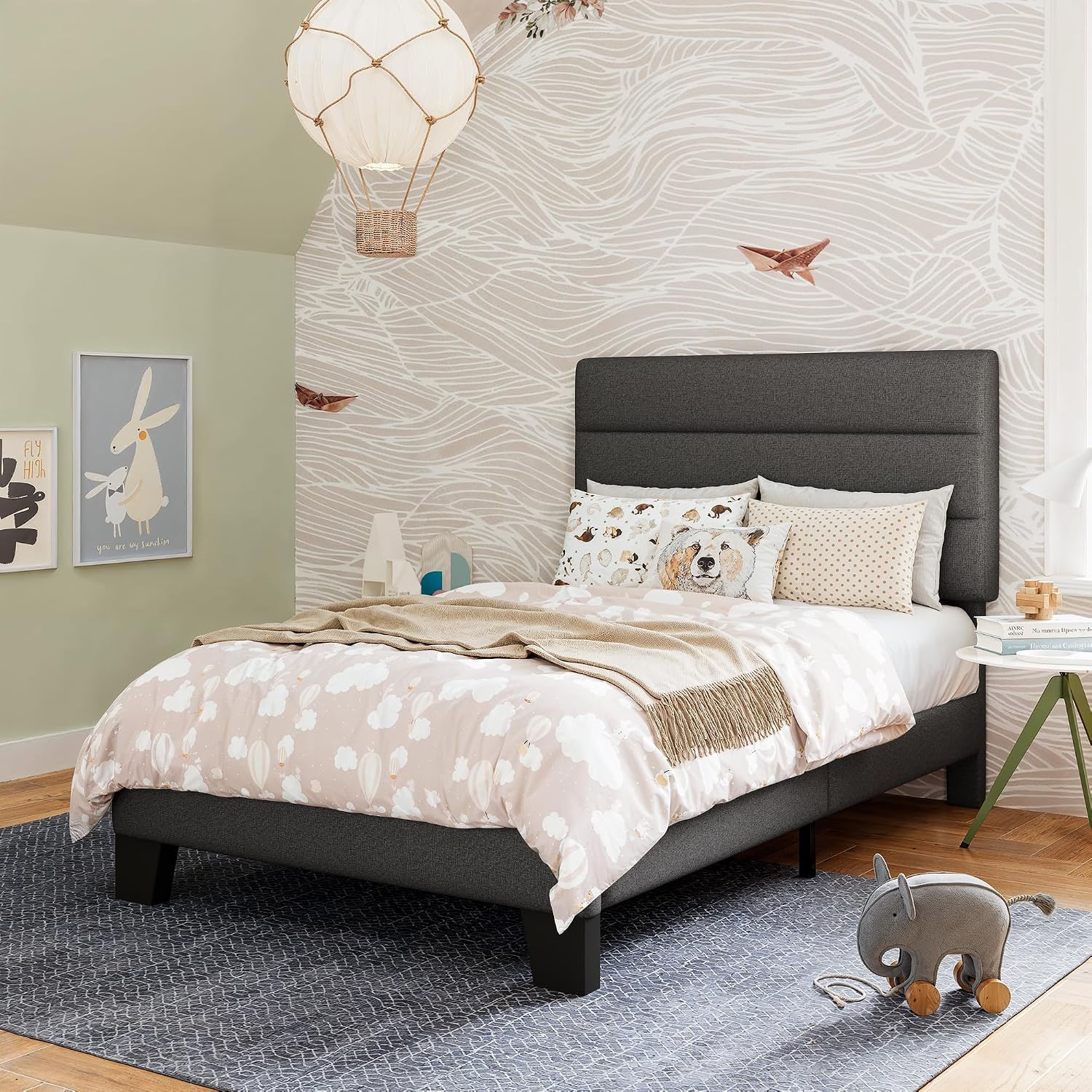 GOLDORO Twin Size Platform Bed Frame with Upholstered Headboard, Wooden Slats Support, No Box Spring Needed, Easy Assembly, Dark Grey