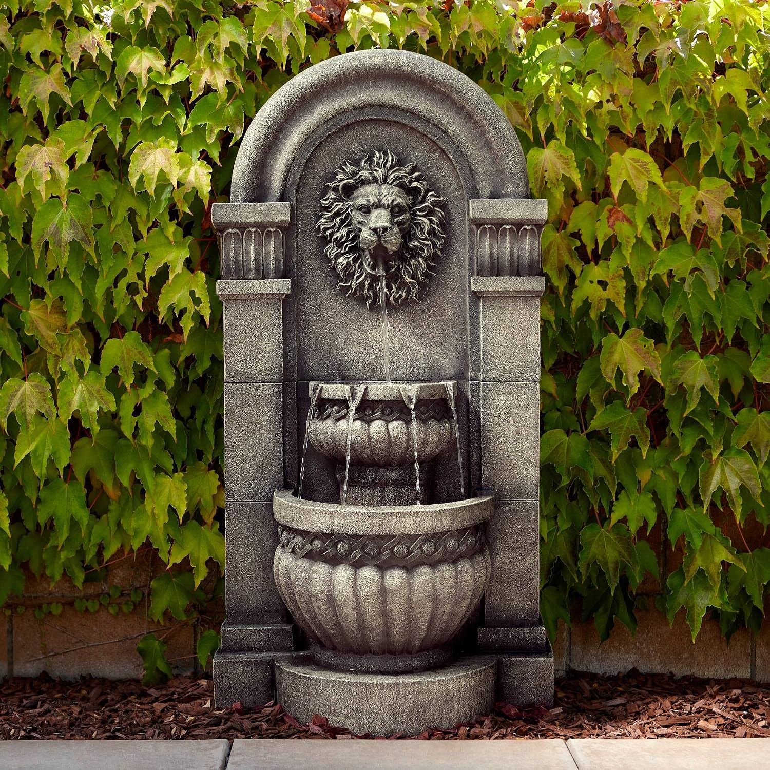 Royal Lion Face 50' High Large Italian Indoor Outdoor Decor Faux Stone Floor Fountain with Light LED Waterfall 2-Tier Statue Water Feature for Outside Garden Patio Yard Backyard - John Timberland