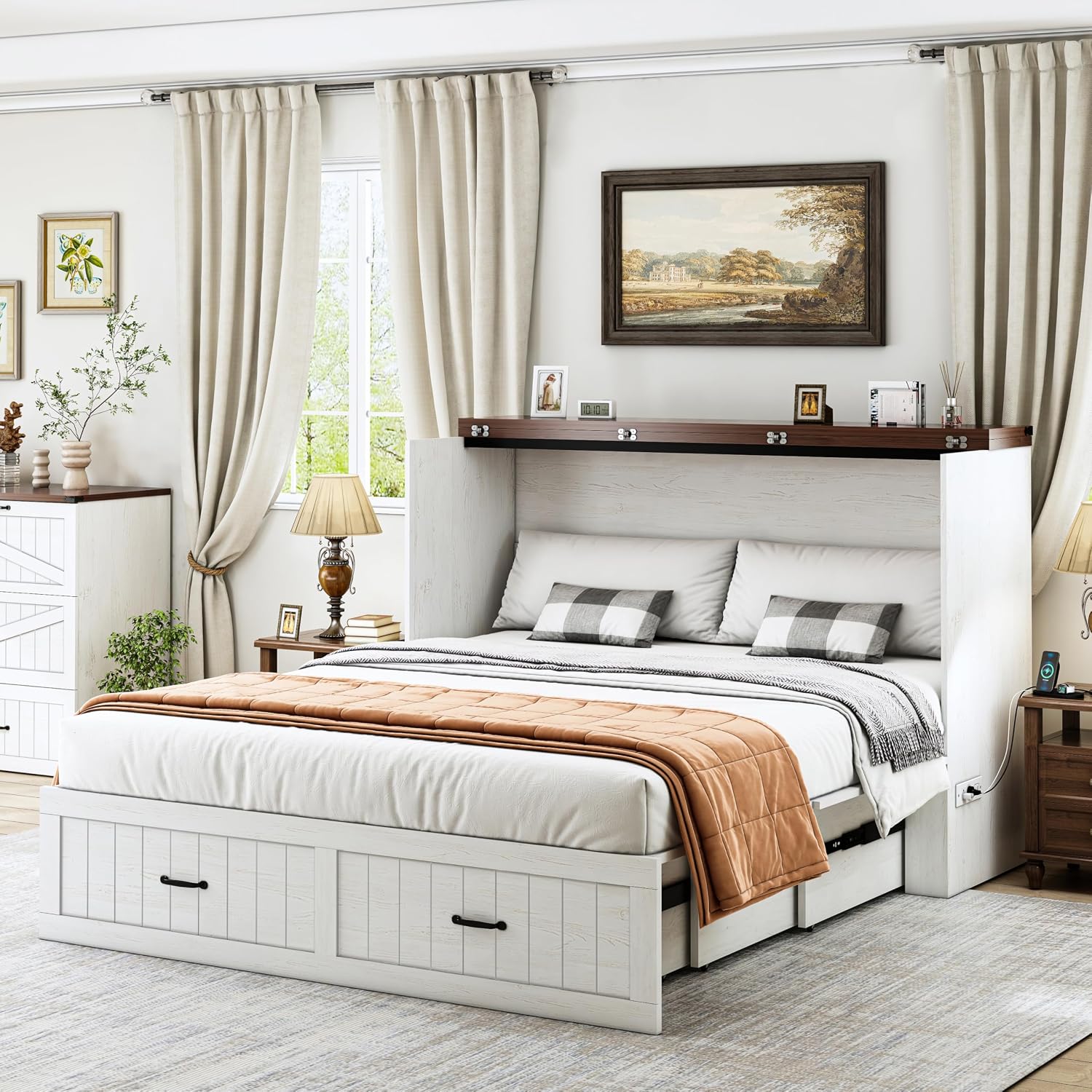 Queen Size Murphy Bed with Charging Station and Large Drawer, Farmhouse Cabinet Bed with Storage, Multifunctional Wood Hidden Folding Bed Frame for Bedroom, White