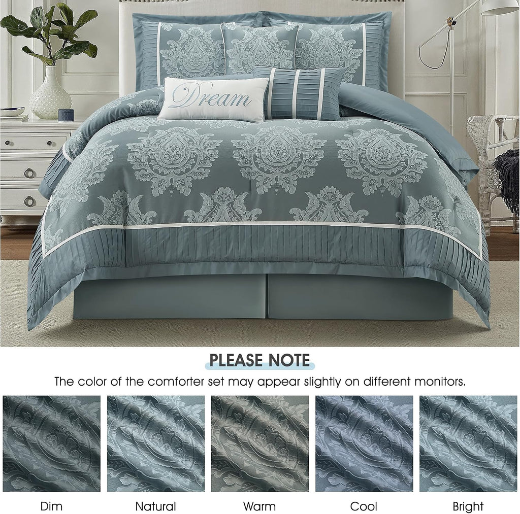 LANCO MODERN LIFESTYLE Blue Queen Comforter Set 7 Pieces, Jacquard Woven with Damask, Bedding Set in a Bag Includes Comforter, Bed Skirt, Pillow Shams, and Decorative Pillows
