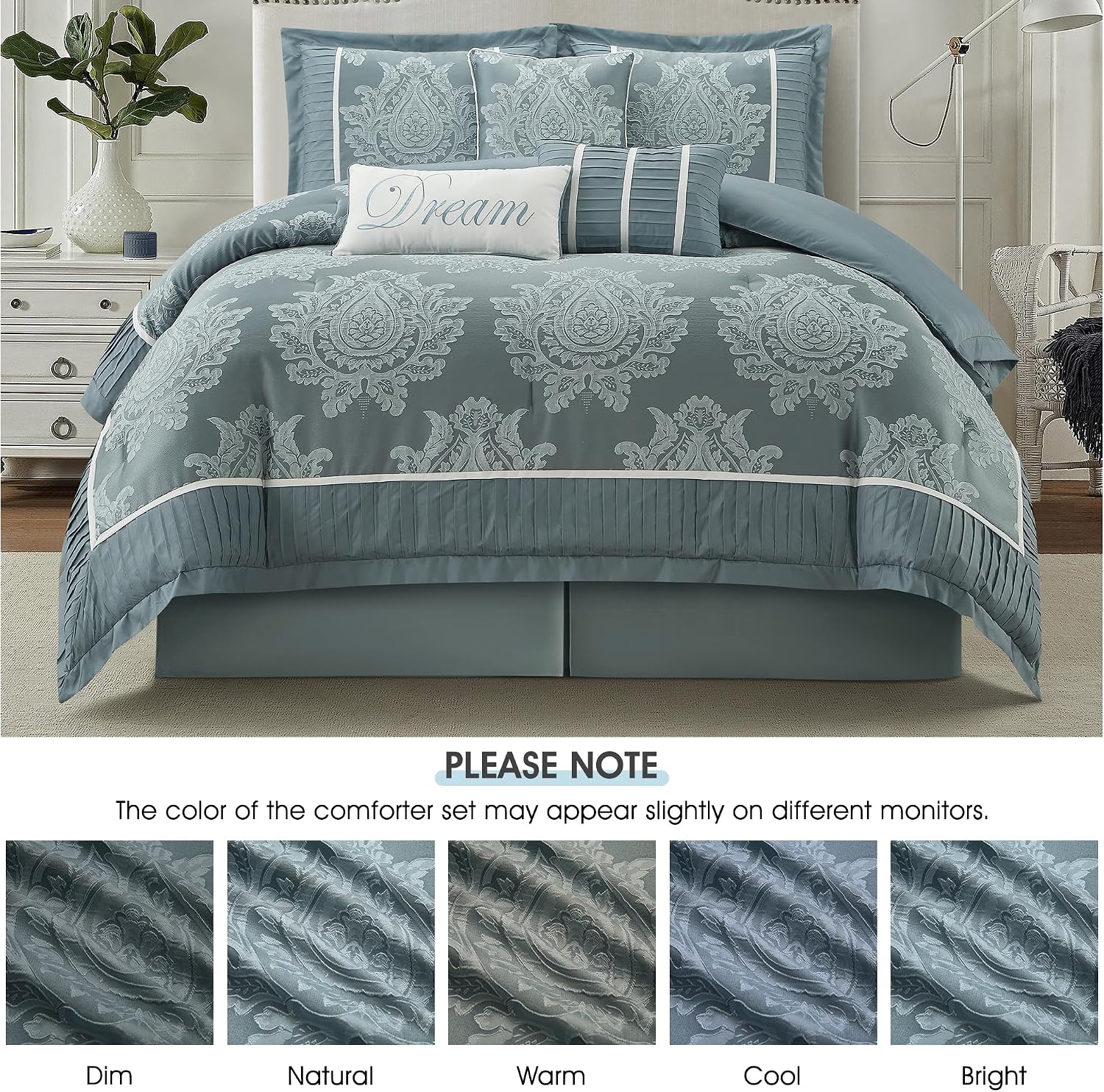 LANCO MODERN LIFESTYLE Blue Queen Comforter Set 7 Pieces, Jacquard Woven with Damask, Bedding Set in a Bag Includes Comforter, Bed Skirt, Pillow Shams, and Decorative Pillows
