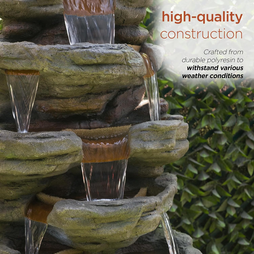 Alpine Corporation TZL352 Outdoor Floor Stone Tower Fountain with LED Lights, Multi-Level Garden Water Fountain, 47'H, Gray
