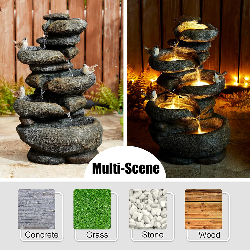 Glitzhome 5-Tier Cascading Rock Outdoor Water Fountain with LED Light & Pump, Natural Stacked Stone Look Water Fountain with Lively Birds for Garden, Patio, Porch, 23'H