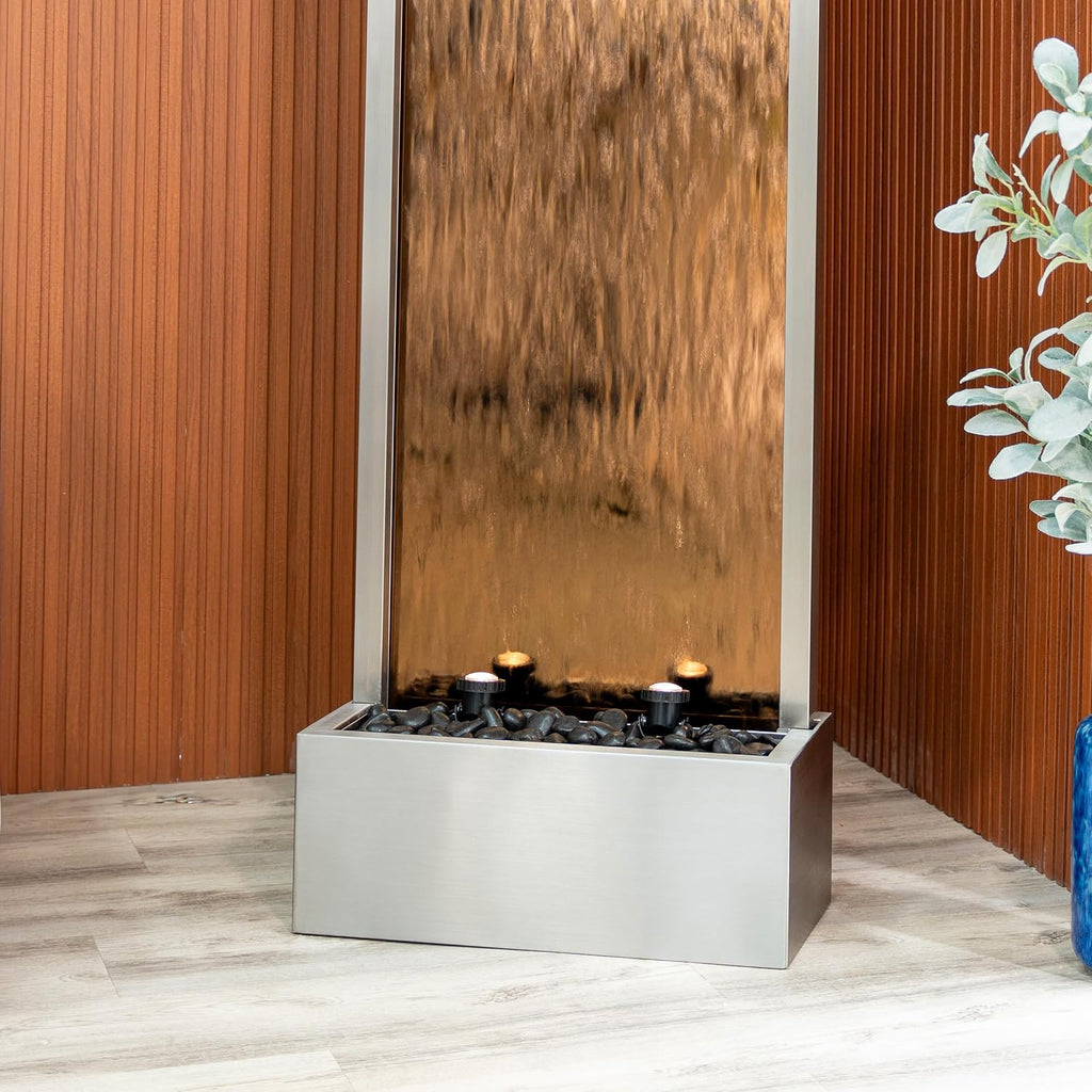 XBrand 68' H Freestanding Modern Waterfall Fountain, Aluminum & Clear Glass, LED Lights, Decorative Rocks, Auto Shut-Off Pump, Indoor/Outdoor, Bronze