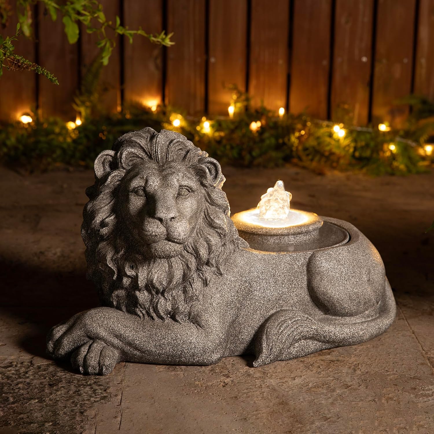Glitzhome Outdoor Fountain with Lights & Pump, 20' L Zen-Style Lying Lion Polyresin Water Fountain Outdoor, Floor Standing Water Feature for Garden Yard Patio Porch Decor