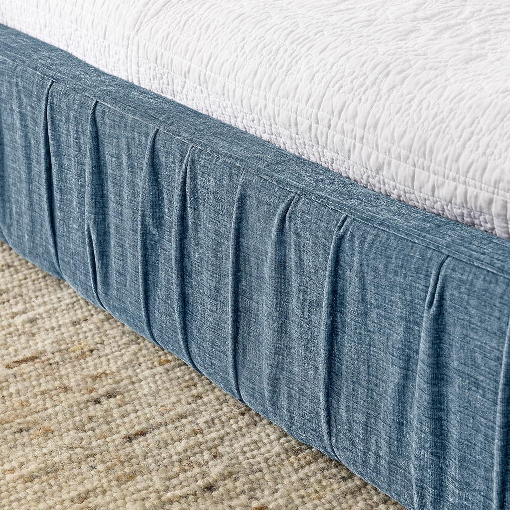 Ball & Cast Queen Size Low Bed Frame,Chenille Upholstered Platform Bed with Pleated Design Headboard,Grounded Floor Bed with Wood Slat Support,No Box Spring Needed,Dark Blue